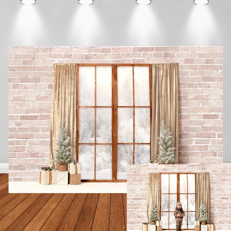 LS Vintage Xmas House Wall Winter Window Backdrop Red Curtain Snow Village Moon With Santa Map Rocket Xmas Decors Backgrounds