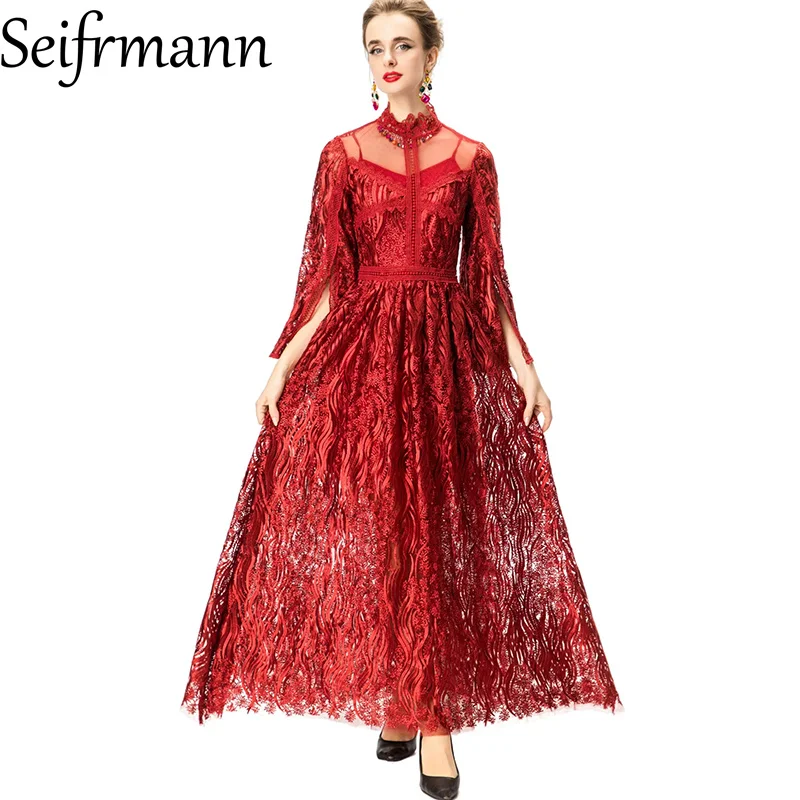 Seifrmann 2026 Summer Women's New Fashionable Stand up Collar Long Sleeve Mesh Embroidered Waist cinching Long Dress