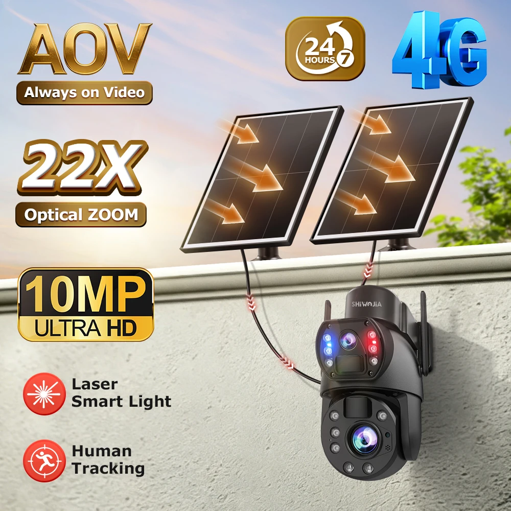 SHIWOJIA 8K 15MP 4G Solar Camera 22X Zoom Len Recording Humanoid Tracking Outdoor WIFI Camera Metal Waterproof CCTV 20800mAh
