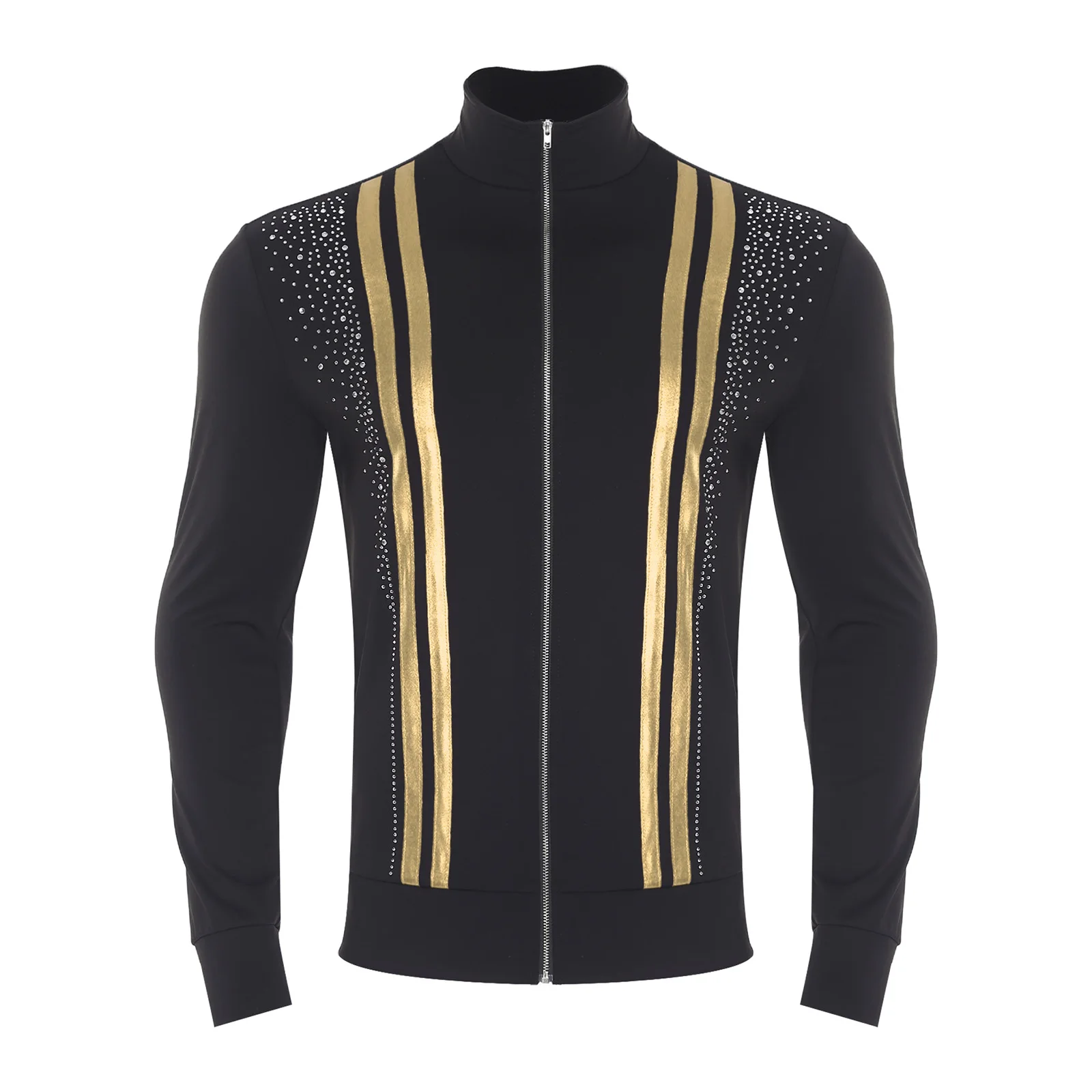 

Mens Figure Skating Jackets Metallic Shiny Stripes Mock Neck Long Sleeve Front Zip Shirt Coat for Gymnastics Latin Tango Dance