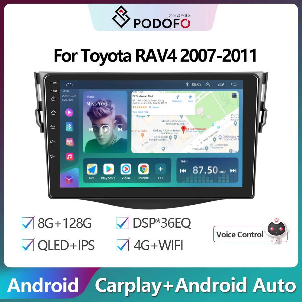 

Podofo Android 4G WiFi Car Radio For Toyota RAV4 2007-2011 Carplay Auoradio Stereo Player 8+128G Ai Voice HiFi Music GPS