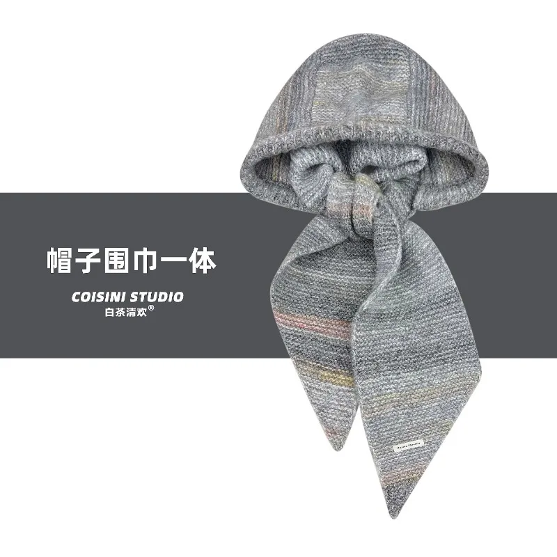 

Ins модные разноцветные вязаные шапки-балаклавы для женщин, осень-зима, повседневный универсальный теплый шарф на шею, интегрированная шапка-бомбер