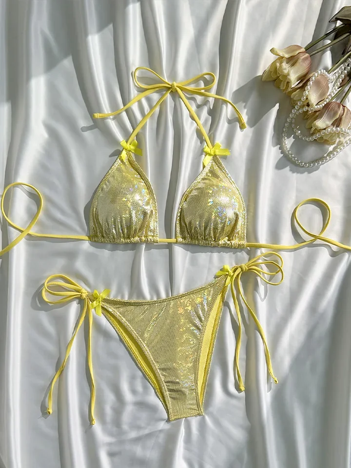 Vzvn 2026 All Season Backless Bikinis Sexy Lace Up Sequins Bikinis for Women Split Swimsuit Beach Vacation Bikini 2 Piece Set