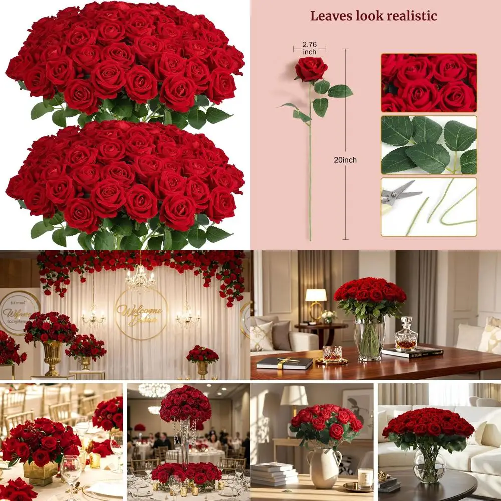 

60Pcs Red Roses Artificial Flowers, Velvet Silk Faux Roses, Realistic Red Flowers for Wedding Centerpieces, Cake, Bridal Bouquet