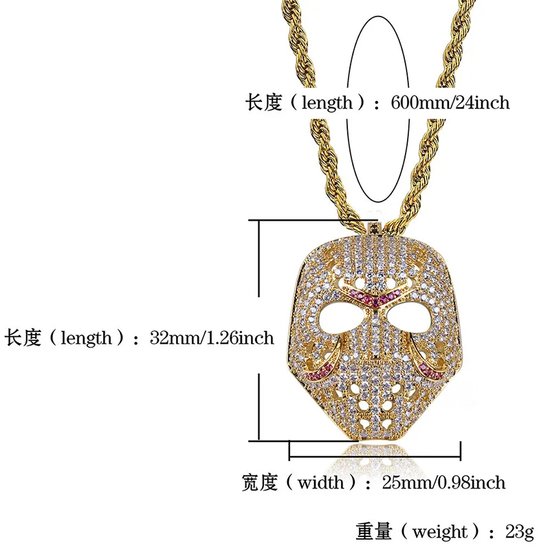 Hip Hop Micro Paved AAA Cubic Zirconia Iced Out Bling Mask Pendants Necklace for Men Women Rapper Jewelry Rose Gold Silver Color