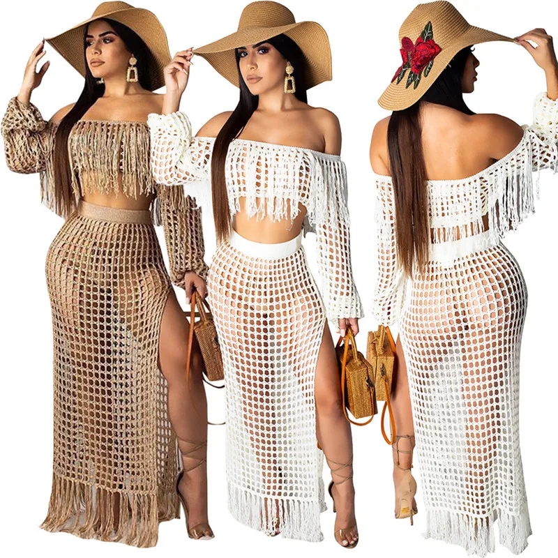 

Sexy Hollow Out See Through Two Piece Set For Women Full Sleeve Slash Neck Crop Top Tassel Long Skirt Party Beachwear Knit Suits