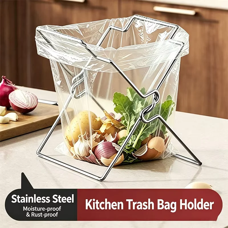 Collapsible Stainless Steel Garbage Bag Holder, Kitchen Countertop Trash Bag Support Rack, Portable Storage Organizer Stand