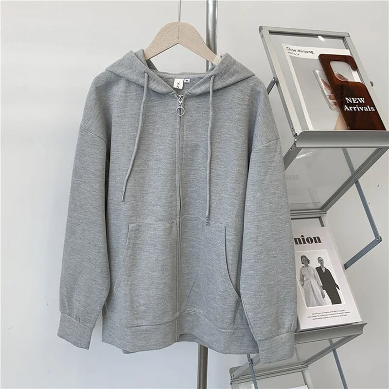 Zip-up Hoodies Women Casual All-match Ulzzang Pockets Solid Purple Hooded Sweatshirts High Street Loose Outwear Students Stylish