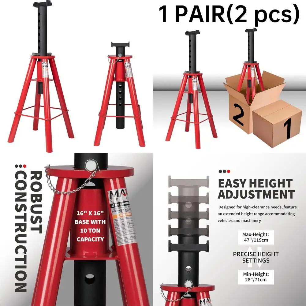 

Heavy-Duty Pin-Type Adjustable Jack Stands - 10 Ton Capacity for Trucks and Equipment, Pair, High Profile Stability