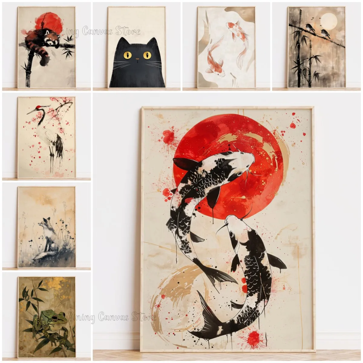 Japandi Animal Neutral Wall Art, Orange & White Japanese Koi Fish Print Abstract Golden Accent Poster, Zen Wall Art Decor