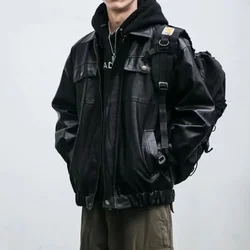 Oversized Men's Leather Jackets Black VIntage PU Biker Coat Faux Leather Bomber Jacket Punk Big Pockets Windbreaker Overcoat