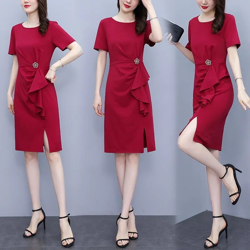

Summer 2026 plus Size Women's Dress Elegant round Neck Short Sleeve Waist Cinched Color Bodycon Split Midi Dress
