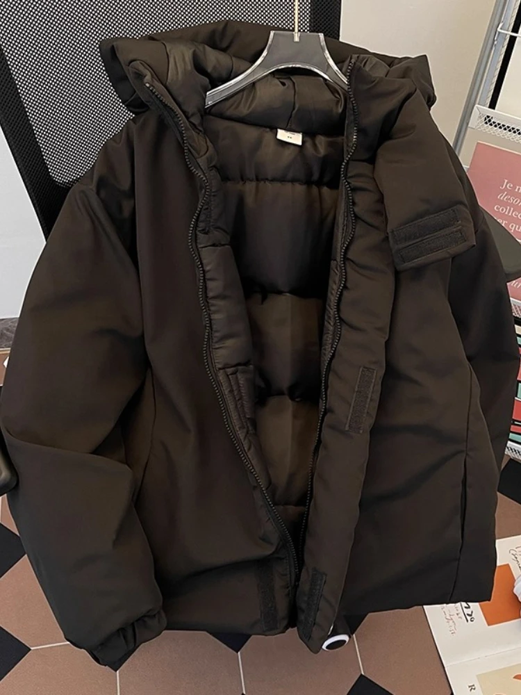 Men's Winter Hooded Thickened Cotton Coat Sporty Puffer Jacket Oversized Vintage Cotton Coat Solid Color Warm Outdoor Outerwear