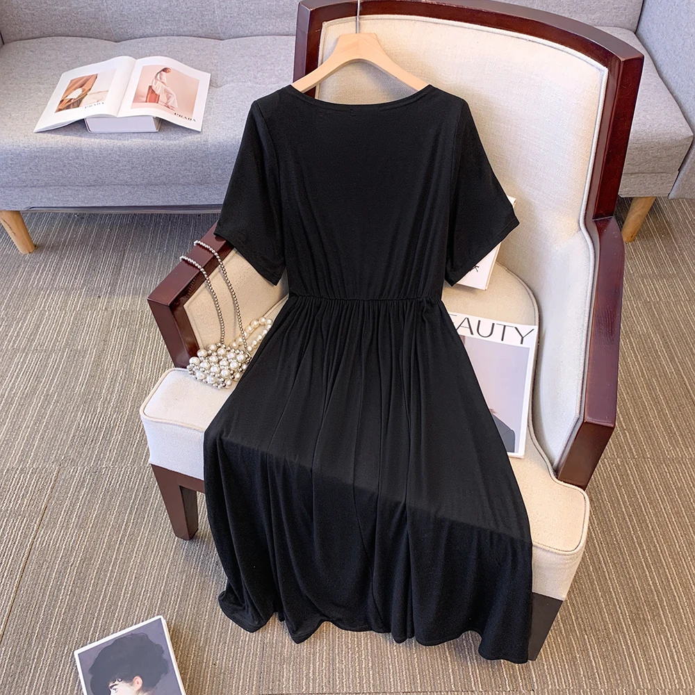 Summer New Plus Size Women's Black Simple V-Neck Dress Draped Waist Loose Basic a-line Skirt Loose Casual Long Skirt 2024 big