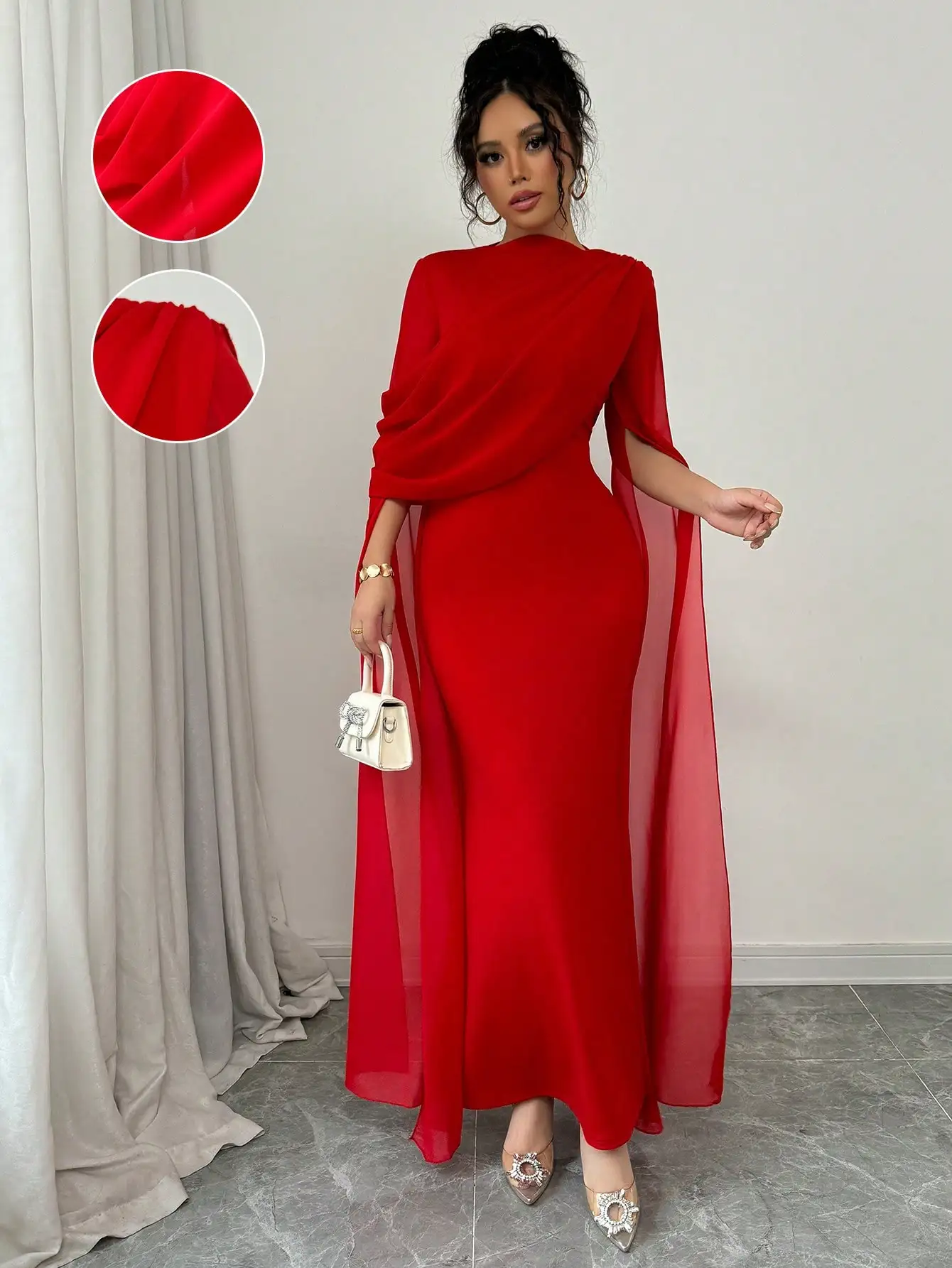 

Red Asymmetrical Shoulder Sheer Cape Maxi Dress with Pleated Detail