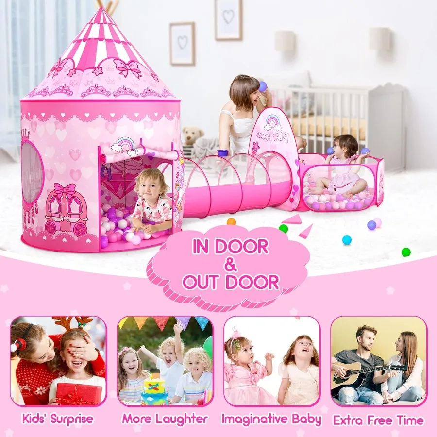 3-teiliges Spielzelt für Mädchen mit Bällebad, Krabbeltunnel, Prinzessinnenzelte für Kleinkinder, Baby Space World, Spielhaus, Spielzeug, 3-teilig, Prinzessin Dre