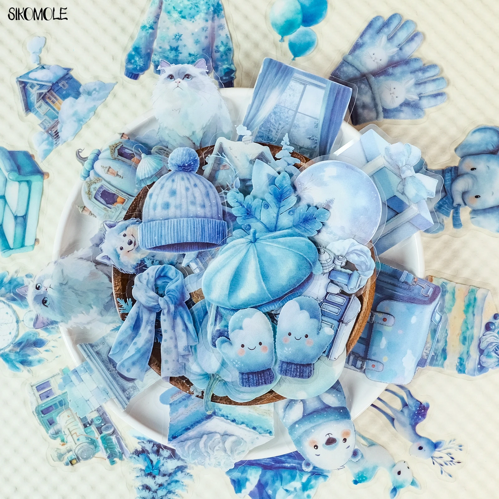 Paquete de 56 Uds de pegatinas transparentes de dibujos animados azules para invierno, Material impermeable para contabilidad de mascotas, pegatina decorativa de grafiti para cuaderno de coche