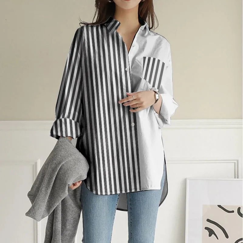 Fashion Patchwork Shirt Blouse Tops Office Lady Spring Lapel Blusa Casual Long Sleeves Shirts Womens Linen Blouse Oversized 2023