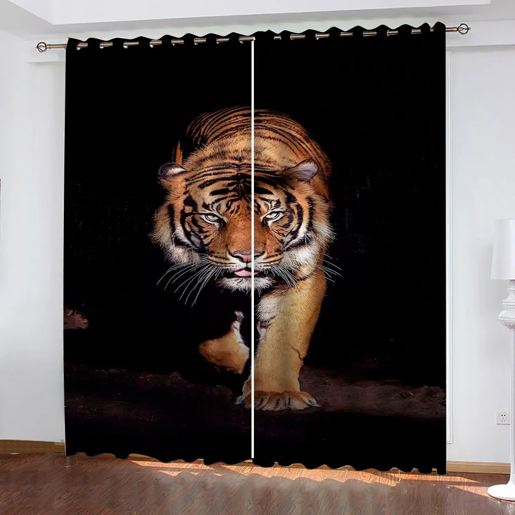 HUANZHUANG Curtains For Bedroom Eyelet Animal Tiger Night Scene Print Pattern Light Blocking Thermal Window Drapes For Kids