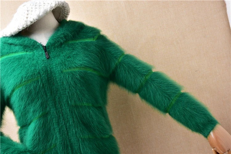 04 Ladies Women Fall Winter Clothing Green Striped Hairy Mink Cashmere Knitted Zippers Hoodie Slim Cardigans Jacket Sweater Coat