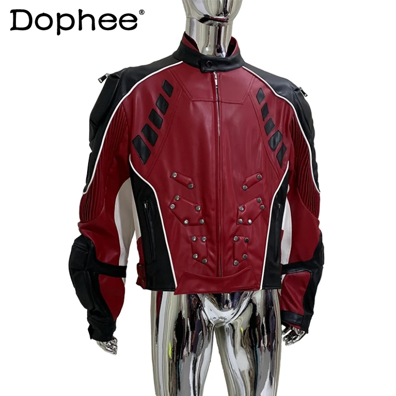 

2025 Men's Autumn New High-End PU Leather Jackets Contrast Color Splicing Padded Shoulder Men's Motorcycle Leather Jacket Coats