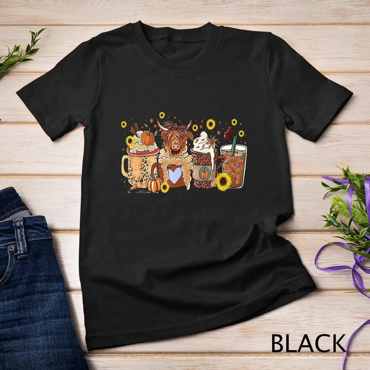 Scottish Highland Cow Sunflower Fall Vibes Coffee Lover Unisex T-shirt