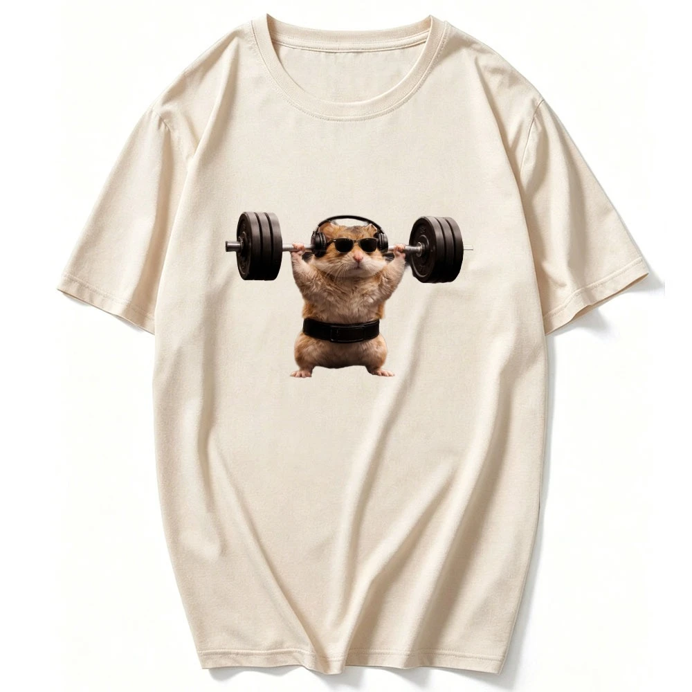 Cool Hamster with Sunglasses Headphone Lifting Barbell Graphic Print Cotton T Shirt Funny Gym Fitness Animal Cartoon Casual Tees view 2