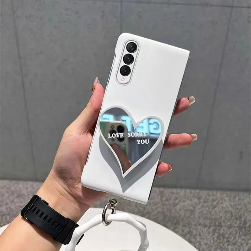 Fashion Hanging Chain Protection Matte Skin Phone Case For Samsung Galaxy Z Fold 6 5 4 3 2 5G Love Heart Holder Mirror Cover