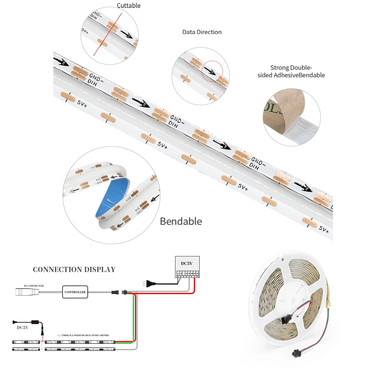 WS2812 COB LED Light Strip 160/180/240leds WS2812B individually addressable Led COB lights whit USB 28keys Music controller Kits