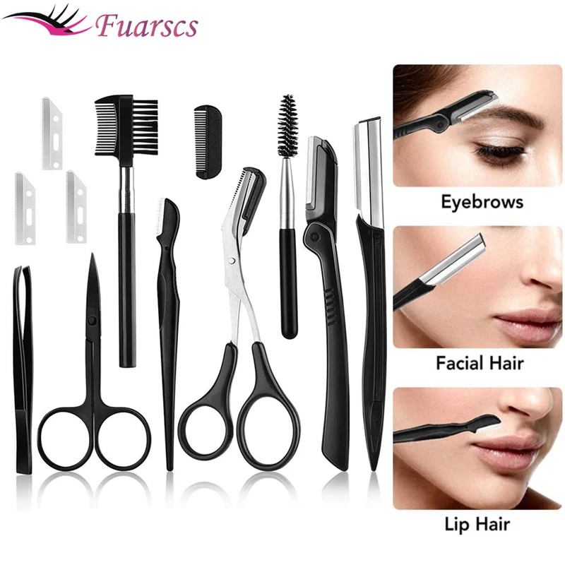 Black Sobrancelha Trimmer Set, Sobrancelha Razor Kit, Sobrancelha Tesoura, Sobrancelha Pente, Navalha para Face Pinças, Cílios, Pincel, 12Pcs