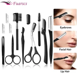 Black Sobrancelha Trimmer Set, Sobrancelha Razor Kit, Sobrancelha Tesoura, Sobrancelha Pente, Navalha para Face Pinças, Cílios, Pincel, 12Pcs