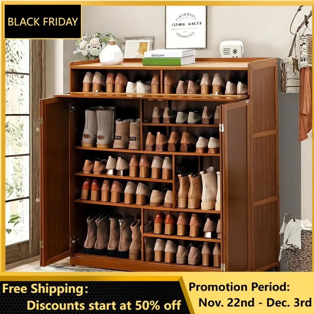 8 Tier Bamboo Shoe Cabinet with Door, Entryway Shoe Storage Cabinet for 36-40 Pairs, Shoe Rack Organizer