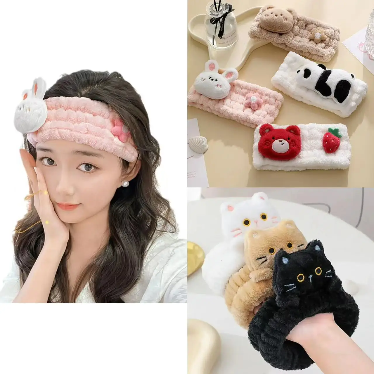 Cartoon Cat Coral Fleece Head Bands Elastic Traceless Makeup Wash Face Hairbands Hair Accessories Non-slip