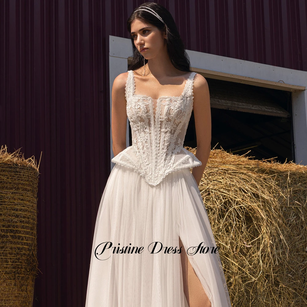 تخصيص تول الجانب الشق فستان الزفاف المدني المرأة الحديثة تول ساحة طوق يزين الدانتيل ألف خط بلا أكمام زي العرائس #3