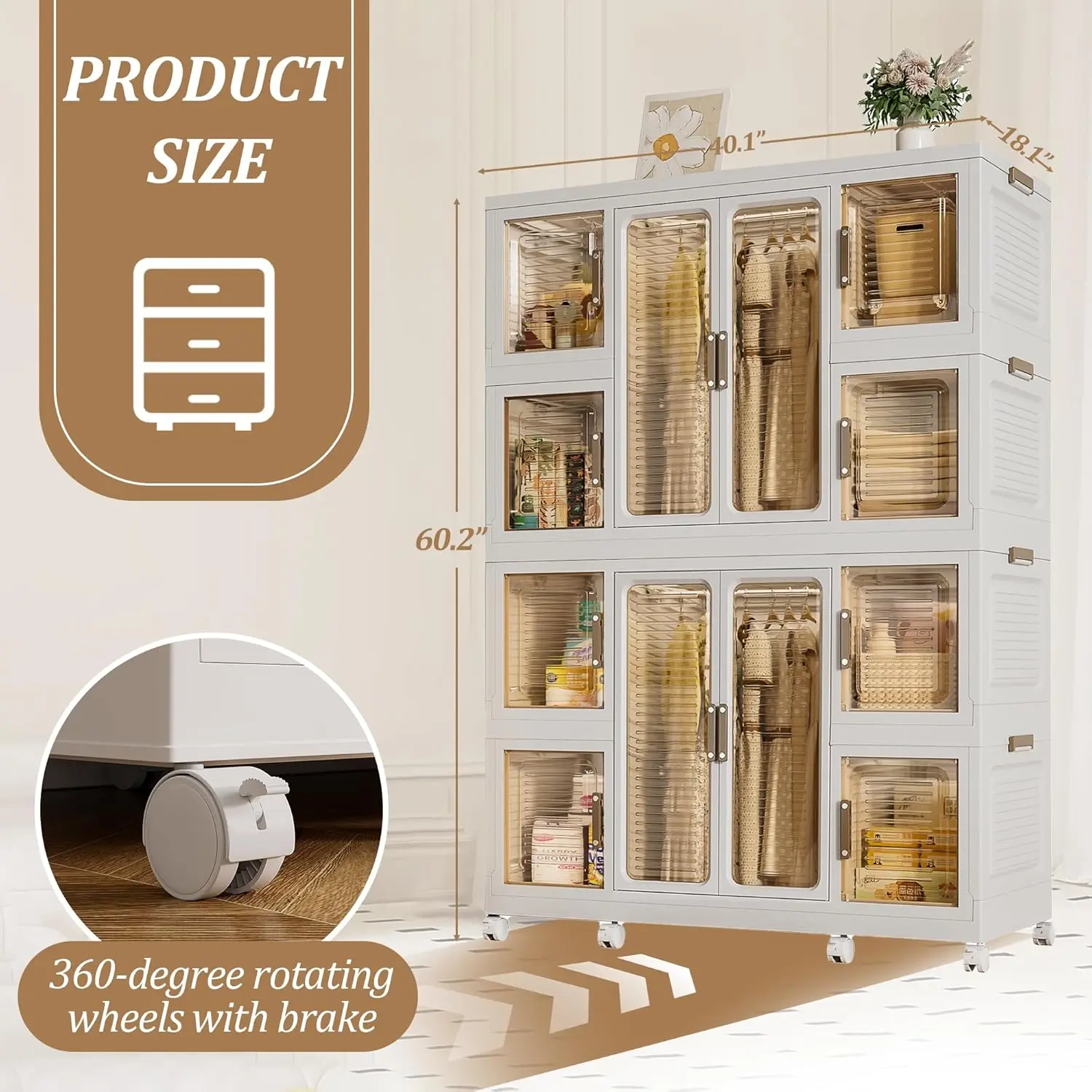 Portable Wardrobe Closet Organizer with 12 Magnetic Doors, 12 Cubes, 2 Hanging Rods & 16 Hangers, Storage Cabinet for Clothes