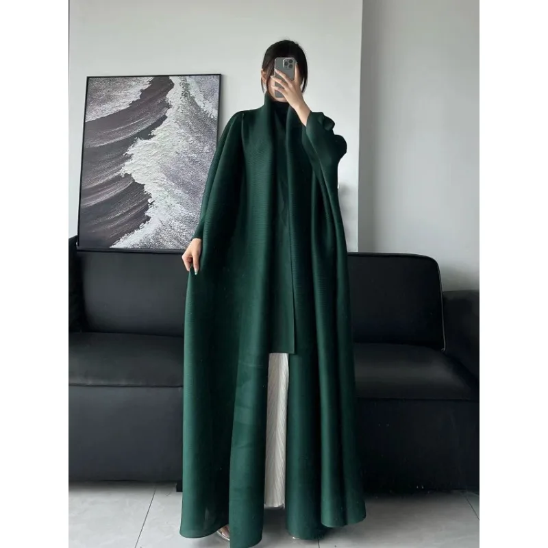 KAF Pleated Loose Large Size Women Trench Coat 2024 Spring and Fall New Lapel Long-sleeved Cardigan Retro Design Jacket Abaya