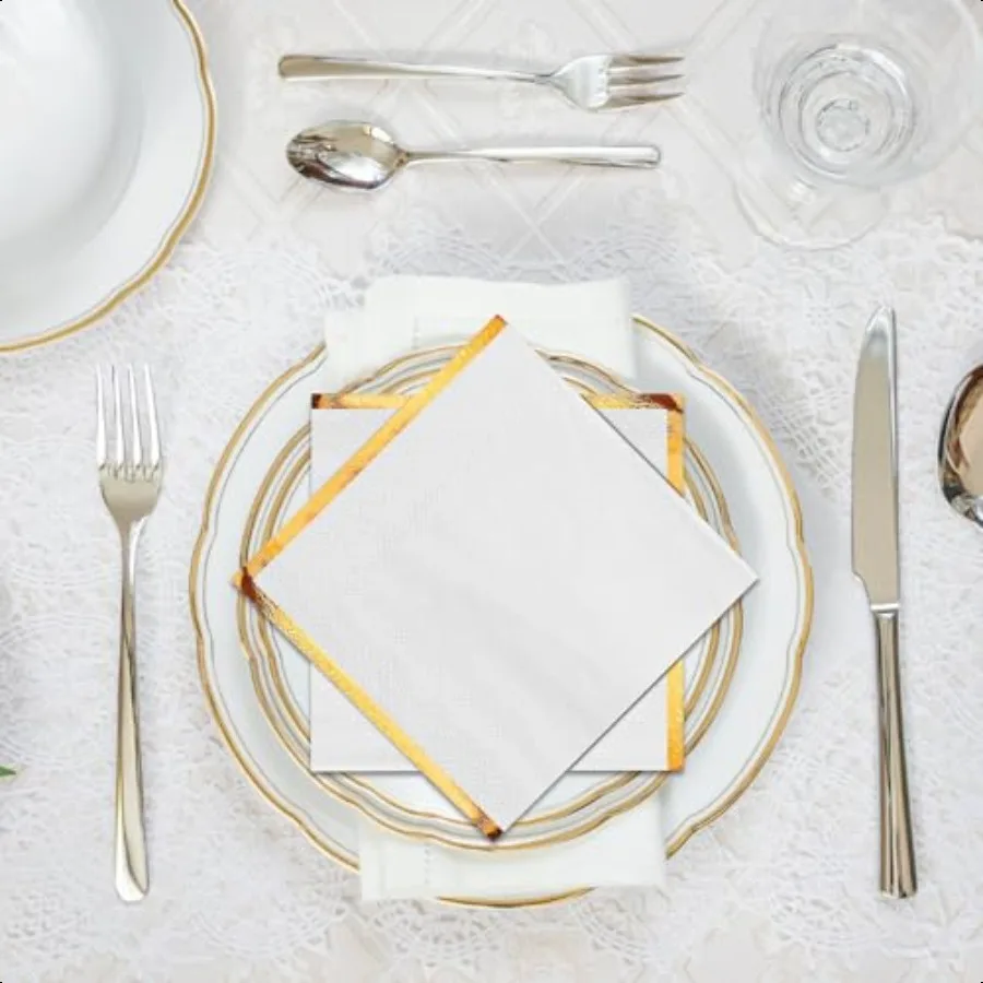 กระดาษเช็ดปากค็อกเทล 200 ชิ้น กระดาษเช็ดปากสีขาว 2 ชั้น ขอบสีทอง กระดาษเช็ดปากเครื่องดื่มลายฟอยล์สีทอง กระดาษเช็ดปากตกแต่งสำหรับงานเลี้ยงค็อกเทล