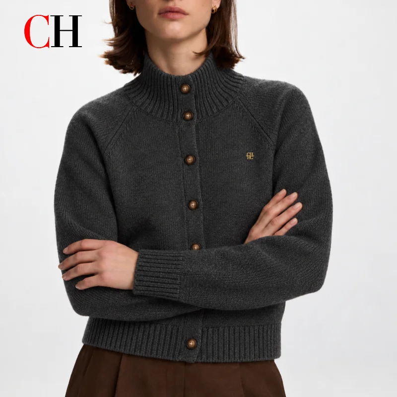 CH Women High Neck Knit Cardigan Solid Cream Color Button Closure Raglan Sleeve Ribbed Edge Soft Daily Wear Outer Garment