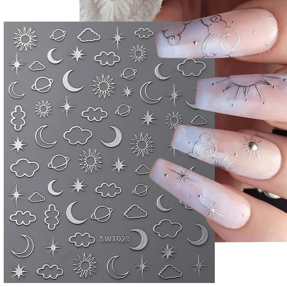 Metallic Silver Stars Nail Stickers 3D Gold Clouds Moon Sun Planet Self Adhesive Gel Polish Manicure Sliders Decoration BESW-TN