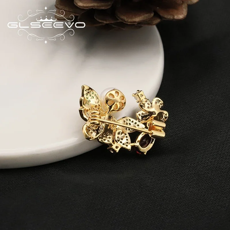 GLSEEVO Elegant Pearl Red Crystal Zircon Golden Color Brooches For Women Party Wedding Pins Jewelry Gifts Clothing Accessories