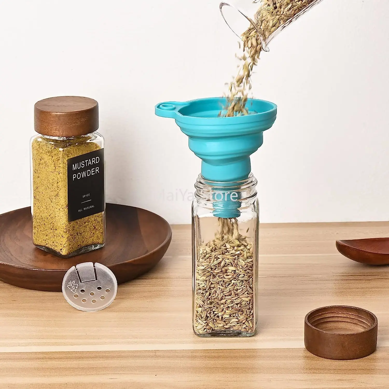 Glass Spice Jars with Labels 4oz Empty Square Spice Bottles with acacia wood lid & Shaker Lids