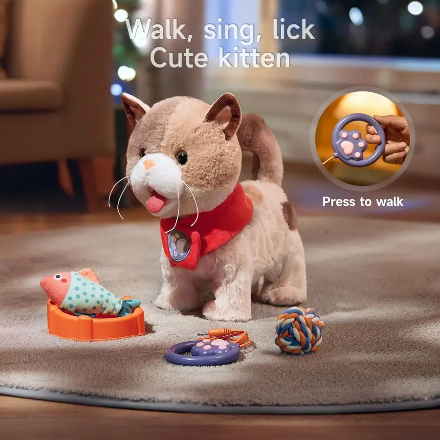 Speelgoedkat voor kinderen, schattig en realistisch Kitty-speelgoed dat wandel, miauwt, tong uit en wags-staart, interactieve elektronische kattenpluche