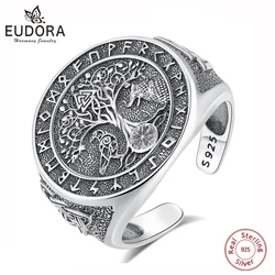 Eudora 925 Sterling Silver Viking Raven Wolf Adjustable Ring Vintage Compass Tree of Life Amulet Ring Men Personality Jewelry