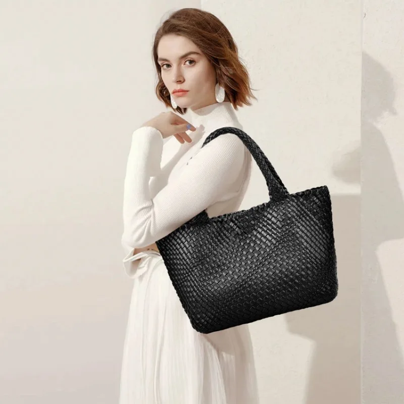 Woven Bags for Women Fashion Top Handle Shoulder Bag Soft Vegan Leather Work Shopper Summer Beach Travel Tote Bag with Purse