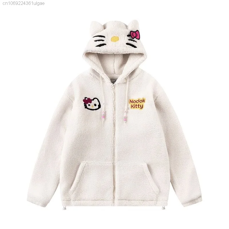 Sanrio Hello Kitty Clothes New Lamb Plush Zipper Top Shirts Hooded Y2k Cute Loose Coat Women Fashion Embroidered Cardigan Hoodie