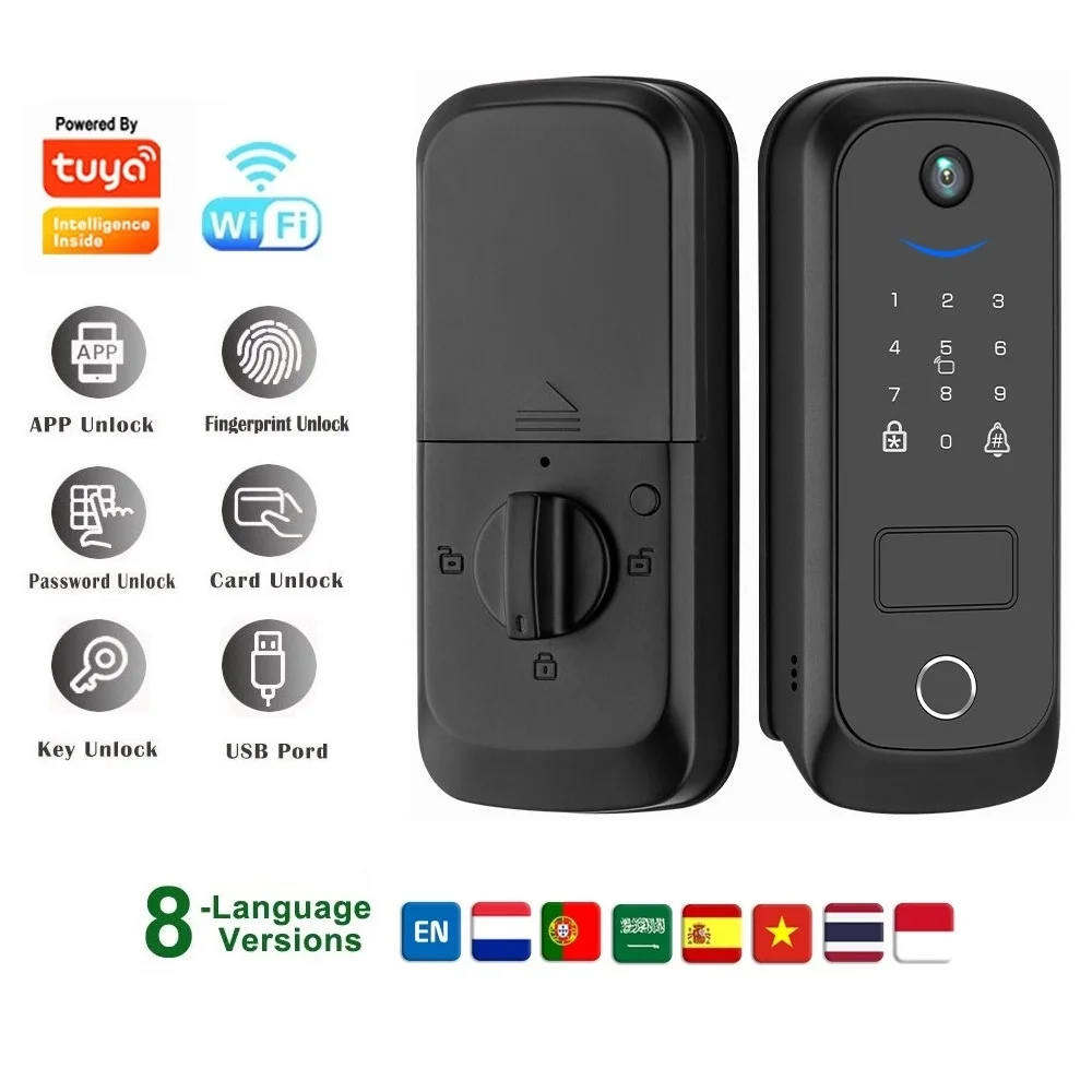 TUYA App WIFI Smart Deadbolt Lock with Camera Fingerprint Password Card Key NFC Unlocking Access Lock for Room Home Security