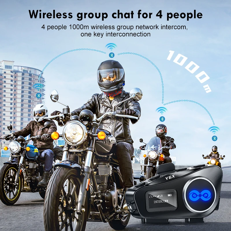 Y6X Motorcycle Helmet Intercom headphone 1000m for 4 Riders Group Talking Interphone Music Share Waterproof With LED Lighting