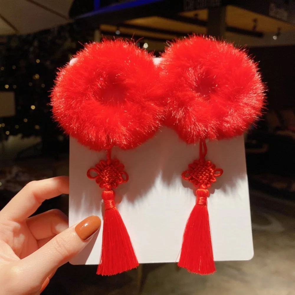 2pcs Ancient Style New Year's Red Plush Hair Rope Universal with Tassel Chinese Children Hair Band Elastic Girl Headwear Hanfu