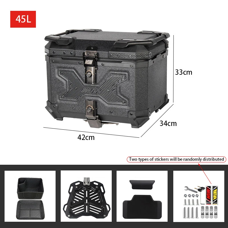 45L Universal Motorcycle Top Case Tail Box Waterproof Luggage Scooter Trunk Storage Black Aluminum Trunk Box Large Capacity