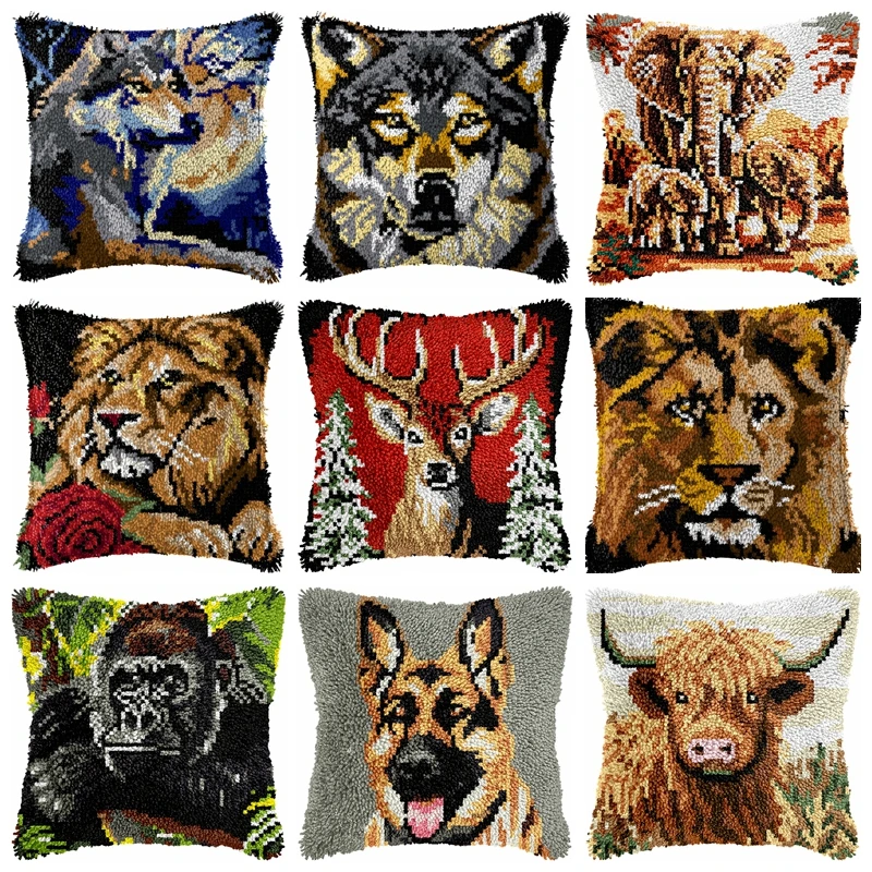 ใหม่สิงโตหมาป่าช้าง Latch Hook Kit สัตว์ดุร้ายหมอนปุ่ม Smyrna Knooppakket เย็บปักถักร้อยปุ่ม Packagek Linkhaak Kussen